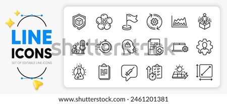 Trade chart, Vaccine message and Cogwheel line icons set for app include Timer, Dice, Square area outline thin icon. Milestone, Medical certificate, Clipboard pictogram icon. Vector