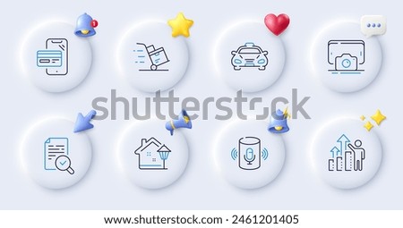 Delivery cart, Employee results and Phone photo line icons. Buttons with 3d bell, chat speech, cursor. Pack of Taxi, Voice assistant, Inspect icon. Online shopping, Street light pictogram. Vector