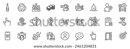 Icons pack as Smile, Microscope and Instruction manual line icons for app include Business podium, Feather, Augmented reality outline thin icon web set. Businessman case, Headshot. Vector