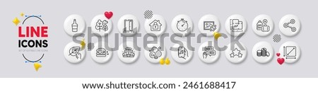 Share, Timer and Stars line icons. White buttons 3d icons. Pack of Lock, Music app, Open door icon. Food delivery, Add handbag, Floor plan pictogram. Tree, Bid offer, Banking money. Vector