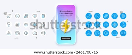 Cable section, Auction and Chemistry lab line icons. Phone mockup with 3d energy icon. Pack of Table lamp, Savings tax, Fingerprint icon. Management, Heart, Sleep pictogram. Vector