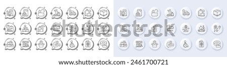 Journey, Package location and Passport line icons. White pin 3d buttons, chat bubbles icons. Pack of Adhesive tape, Fuel price, Disability icon. Vector