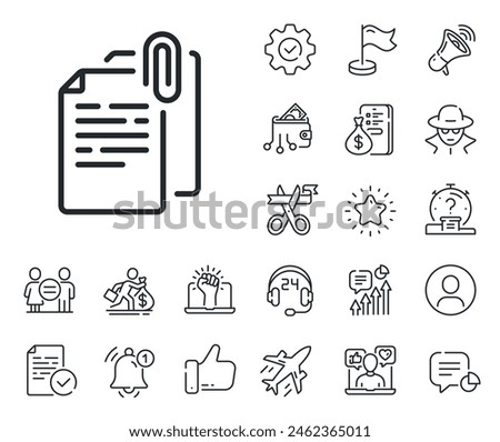 File with paper clip sign. Salaryman, gender equality and alert bell outline icons. Document attachment line icon. Office note symbol. Document attachment line sign. Vector