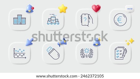 Boxes pallet, Survey checklist and Euro money line icons. Buttons with 3d bell, chat speech, cursor. Pack of Ask question, Dot plot, Usb stick icon. Ranking, Company pictogram. Vector