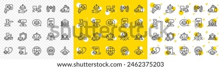 Scales of Justice, Lawyer and Judge. Court line icons. Hammer, Law and Petition document set icons. Judgment, justice, court injunction. Gavel judge hammer, rulings, presiding officer. Vector