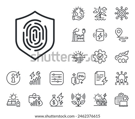 Finger print protection sign. Energy, Co2 exhaust and solar panel outline icons. Fingerprint line icon. Biometric identity symbol. Fingerprint line sign. Eco electric or wind power icon. Vector