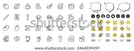 Set of Beans, Beer glass and Grilled sausage line icons for web app. Design elements, Social media icons. Soy nut, Fitness water, Cherry icons. Ice cream, Cappuccino, Vegetarian food signs. Vector