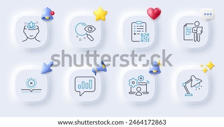 Job interview, Search and Analytical chat line icons. Buttons with 3d bell, chat speech, cursor. Pack of Yoga mind, Table lamp, Qr code icon. Online job, No sun pictogram. Vector