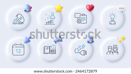 Doctor, Clipboard and Inflation line icons. Buttons with 3d bell, chat speech, cursor. Pack of Annual calendar, Instruction info, Electricity plug icon. Stats, Education pictogram. Vector