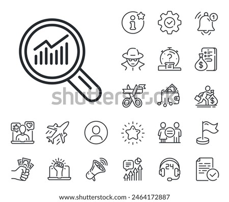 Report graph or Sales growth sign in Magnifying glass. Salaryman, gender equality and alert bell outline icons. Chart line icon. Analysis and Statistics data symbol. Data analysis line sign. Vector