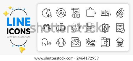 Medical tablet, Puzzle and Elevator line icons set for app include Time, Love letter, Coffee cup outline thin icon. Hypoallergenic tested, Card, Facts pictogram icon. Timer, Home grill. Vector