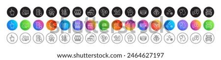 Money currency, Cursor and Friend line icons. Round icon gradient buttons. Pack of Dishes, Heart rating, Shopping icon. Smile, Lightning bolt, Growth chart pictogram. Vector