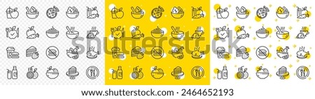 Vegatable dish, poke bowl food and healthy salad set. Meal line icons. Pizza, pasta spaghetti bowl and burger line icons. Breakfast meal, vegetable salad and fish. Apple and carrot fresh juice. Vector