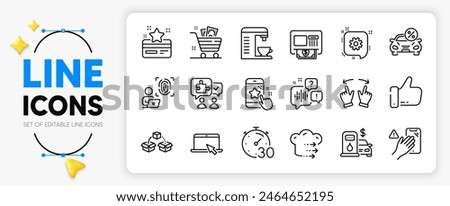 Puzzle, Voicemail and Star rating line icons set for app include Like, Atm, Grocery basket outline thin icon. Dont touch, Timer, Parcel shipping pictogram icon. Coffee machine. Vector