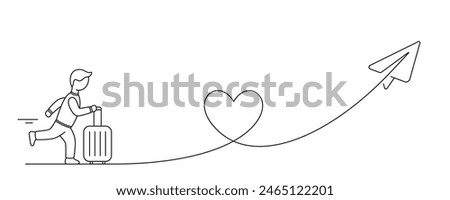 Tourist with luggage. Paper plane travel route. Line journey path with heart shape, travel paper plane. Business journey trip suitcase. Heart shaped flight route, paper plane and tourist. Vector