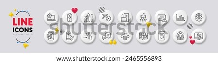 Notification, Swipe up and Comments line icons. White buttons 3d icons. Pack of Packing boxes, Group, Battery charging icon. Cloud sync, Flight mode, Monitor repair pictogram. Vector