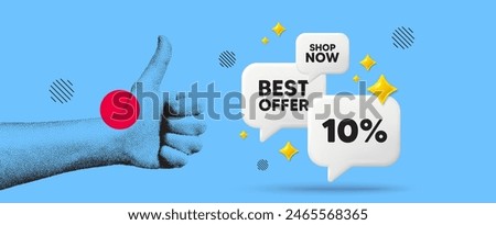 Hand showing thumb up like sign. 10 percent off sale tag. Discount offer price sign. Special offer symbol. Discount chat 3d speech bubble. Grain dots hand. Like thumb up sign. Shop now. Vector