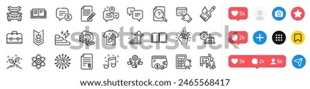 Shoulder strap, Winner and Article line icons pack. Social media icons. Wallet, Search document, Portfolio web icon. Empower, Teamwork, Journey pictogram. Vector