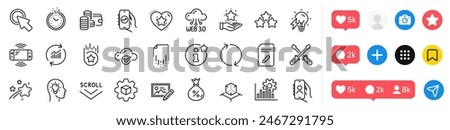 Screwdriverl, User call and Ranking stars line icons pack. Social media icons. Refresh, Update data, Time web icon. Electricity bulb, Loyalty program, Recovery file pictogram. Vector