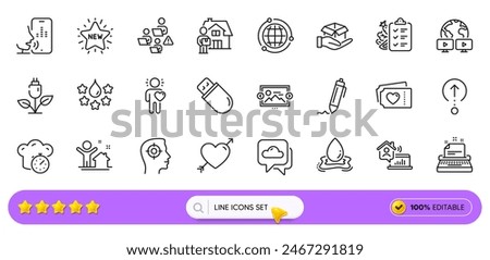 Usb stick, Love and Work home line icons for web app. Pack of Friend, Cooking timer, Delivery man pictogram icons. Eco power, Recruitment, Globe signs. Voicemail, Quality, Typewriter. Vector