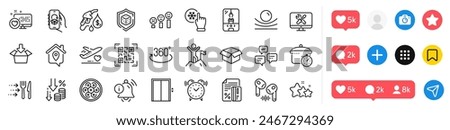 Food delivery, Credit card and Qr code line icons pack. Social media icons. Chat messages, Stars, Information bell web icon. Delivery app, Heart, Open box pictogram. Vector