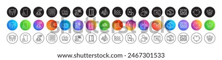 Stars, Dot plot and Puzzle line icons. Round icon gradient buttons. Pack of Buyers, Hold heart, Work home icon. Receive money, Find user, Lock pictogram. Vector