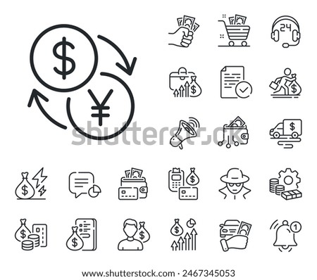 Dollar to Yen money sign. Cash money, loan and mortgage outline icons. Currency exchange line icon. Convert currency symbol. Currency exchange line sign. Credit card, crypto wallet icon. Vector