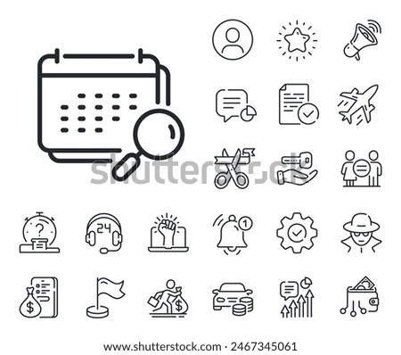 Annual planner sign. Salaryman, gender equality and alert bell outline icons. Calendar line icon. Search Event schedule symbol. Calendar line sign. Spy or profile placeholder icon. Vector