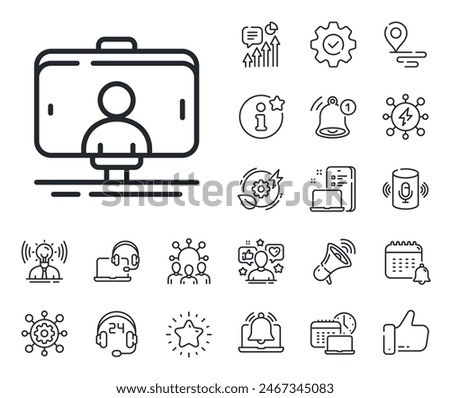 Phone portrait photo sign. Place location, technology and smart speaker outline icons. Selfie stick line icon. Mobile accessories symbol. Selfie stick line sign. Vector