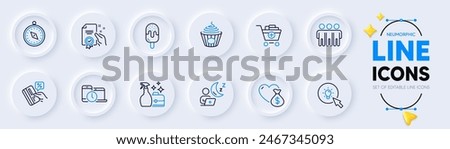 Certificate, Donation and Travel compass line icons for web app. Pack of Credit card, Pasta, Energy pictogram icons. Time management, Ice cream, Cleanser spray signs. Friendship, Shift. Vector