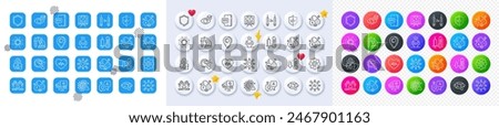 Fluorine mineral, Difficult stress and Uv protection line icons. Square, Gradient, Pin 3d buttons. AI, QA and map pin icons. Pack of Sulfur mineral, Medicine, Thermometer icon. Vector