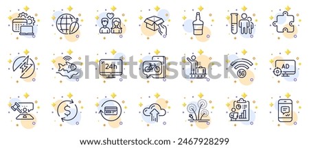 Outline set of Couple love, Software and Hold box line icons for web app. Include 5g wifi, Dollar exchange, Cloud upload pictogram icons. Luggage belt, Seo adblock, Report signs. Message. Vector