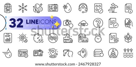 Outline set of Medical mask, Hydroelectricity and Motherboard line icons for web with Time, Report document, Timer thin icon. Recovery photo, Difficult stress, Snowflake pictogram icon. Vector