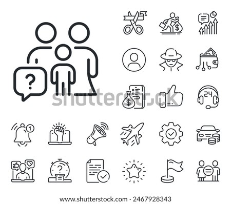 Question mark sign. Salaryman, gender equality and alert bell outline icons. Family questions line icon. People insurance symbol. Family questions line sign. Spy or profile placeholder icon. Vector