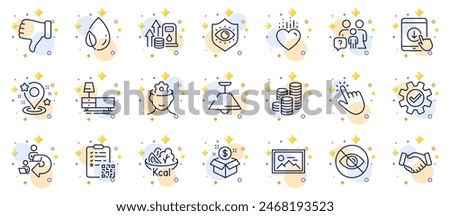Outline set of Scroll down, Heart and Qr code line icons for web app. Include Pin, Post package, Ceiling lamp pictogram icons. Delegate work, Dresser, Photo signs. Dislike hand, Leaf dew. Vector