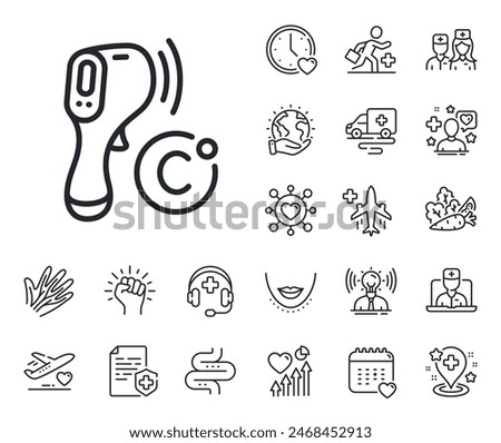 Temperature scanner sign. Online doctor, patient and medicine outline icons. Electronic thermometer line icon. Fever measuring symbol. Electronic thermometer line sign. Vector