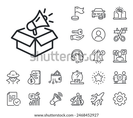 Advertisement device symbol. Salaryman, gender equality and alert bell outline icons. Megaphone box line icon. Brand ambassador sign. Megaphone box line sign. Spy or profile placeholder icon. Vector