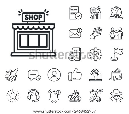 Store symbol. Salaryman, gender equality and alert bell outline icons. Shop line icon. Shopping building sign. Shop line sign. Spy or profile placeholder icon. Online support, strike. Vector