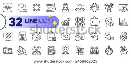 Outline set of Report, Medical prescription and Money currency line icons for web with Square meter, Yoga, Time management thin icon. Vitamin h, Hourglass timer, Scissors pictogram icon. Vector