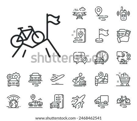 Outdoor bicycle transport sign. Plane, supply chain and place location outline icons. Mountain bike line icon. Sport activity symbol. Mountain bike line sign. Taxi transport, rent a bike icon. Vector