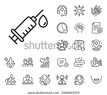 Medicine vaccine sign. Online doctor, patient and medicine outline icons. Medical syringe line icon. Pharmacy medication symbol. Medical syringe line sign. Vector