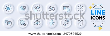 Puzzle, Megaphone and Info line icons for web app. Pack of Time management, Stress, Power pictogram icons. Vr, Manual, Decreasing graph signs. Startup rocket, Discrimination, Timer. Vector