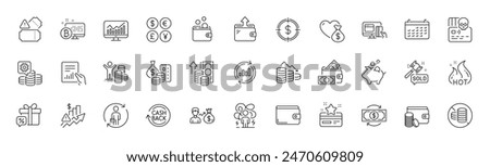 Salary, Inflation and Sale gift line icons. Pack of Payment method, Dollar target, Wallet icon. Calendar, Making money, Difficult stress pictogram. Money, Online payment, Tickets. Line icons. Vector