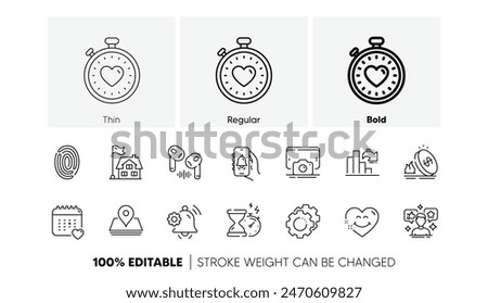 Bell alert, Hourglass timer and Smile face line icons. Pack of Gas price, Building, Headphone icon. Social media, Phone photo, Settings gears pictogram. Healthcare calendar, Pin. Line icons. Vector