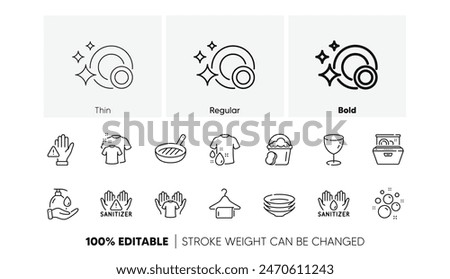 Hold t-shirt, Wash t-shirt and Clean bubbles line icons. Pack of Grill pan, Glass, Dishes icon. Wash hands, Clean towel, Hand sanitizer pictogram. Dishwasher, Sponge, Dont touch. Laundry shirt. Vector