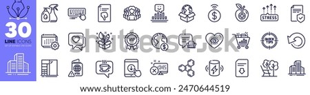 Recovery data, Chemical formula and Coffee line icons pack. Deckchair, Global business, Calendar web icon. Computer keyboard, Heart, Creativity pictogram. Tips, Buildings, Scroll down. Vector