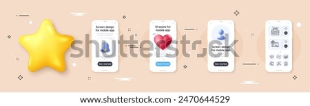 Remove, Loyalty card and Statistics line icons pack. Phone screen mockup with 3d bell, star and placeholder. Open box, Work home, Currency rate web icon. Vector