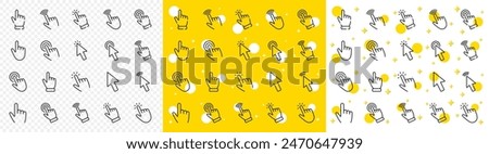 Mouse cursor, hand finger and press here set. Click pointer line icons. Computer arrow, interface tool and web point line icons. Click here, internet pointer and cursor mouse tool. Vector