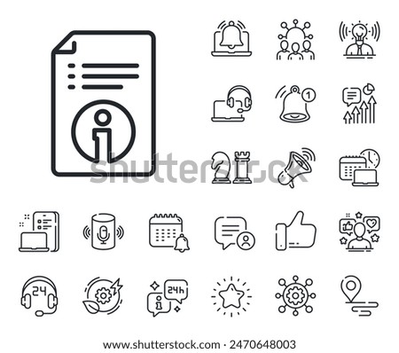 Instruction sign. Place location, technology and smart speaker outline icons. Technical information line icon. Technical info line sign. Influencer, brand ambassador icon. Vector