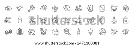 Award app, Swipe up and Global business line icons. Pack of Teamwork, Qr code, Cognac bottle icon. Brush, Alarm bell, Shopping bag pictogram. Cloud communication, Pay, Accounting. Line icons. Vector